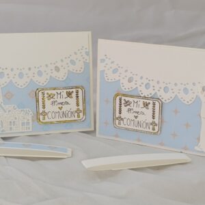 Tarjeta primera comunión de niño. Iglesia en portada.
