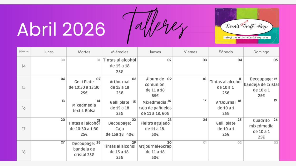 calendario talleres creativos abril 2026