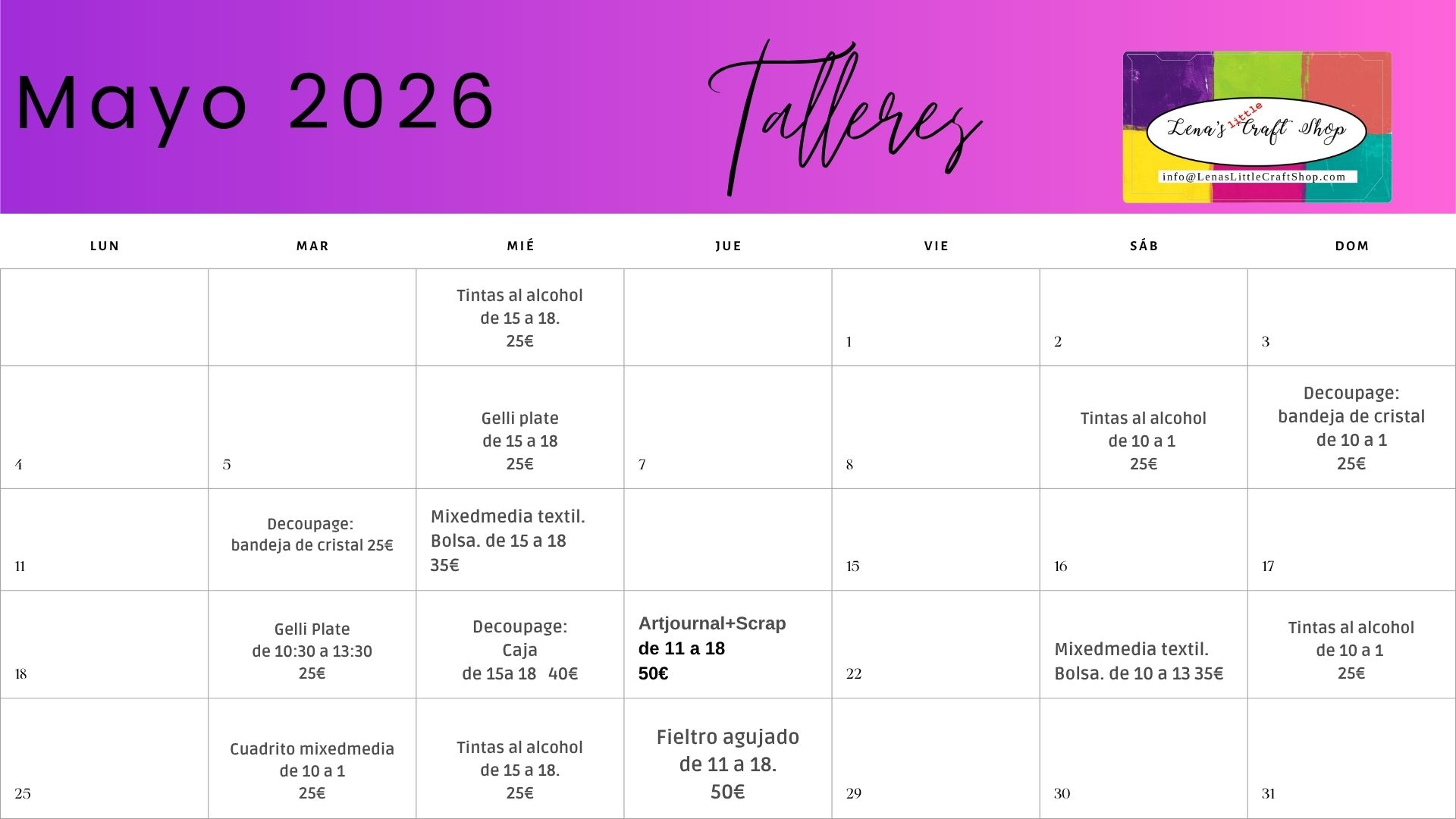 calendario talleres creativos mayo 2026 Fuengirola