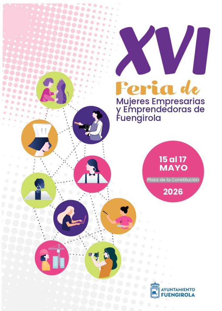 Feria de Mujeres Empresarias y Emprendedoras de Fuengirola 2026 con talleres creativos, artesanía, ilustración y emprendimiento femenino en la Plaza de la Constitución del 15 al 17 de mayo.